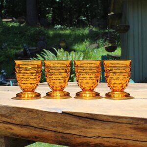 Vintage Indiana Glass Whitehall Amber Gold Cubist Glass Goblet Set Of 4 MCM 4.2"